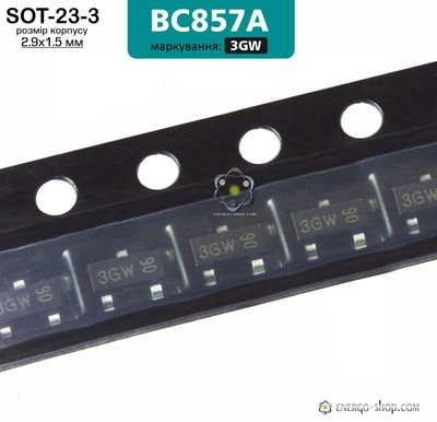 BC857A, SOT-23-3 PNP биполярный транзистор: 45В; 100mА Код маркировки 3GW 3398 фото